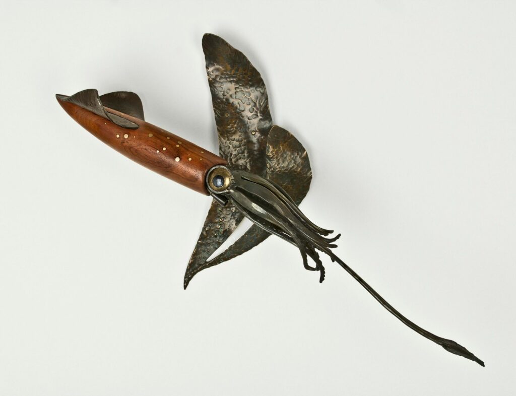 wooden bronze squid sculpture